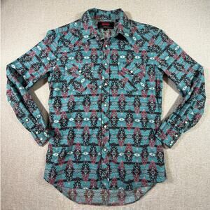 Rock&Roll Denim Men M Blue Brown Southwest Snap Western Rodeo Cowboy Shirt